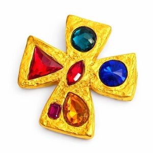 Don-Lin Maltese Cross Brooch Rare Multi Color Rhinestone Signed Vintage